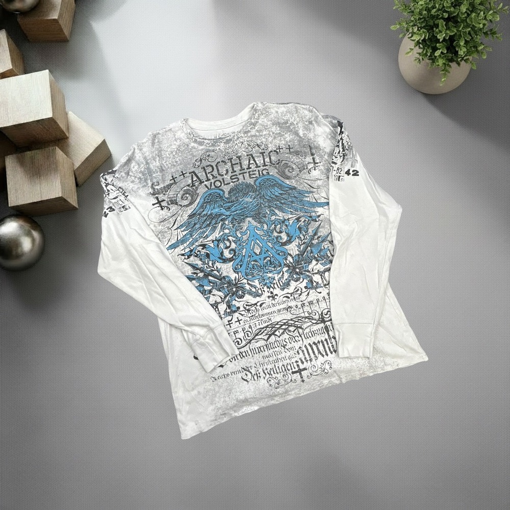 Archaic by Affliction Mens Large Long Sleeve Thermal Graphic Shirt Y2K White